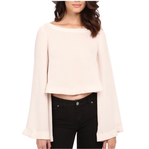 Free People Top Womens Sz XS Cream Stars Aligned Bell Sleeve Cropped BLOUSE Nude - Picture 1 of 16